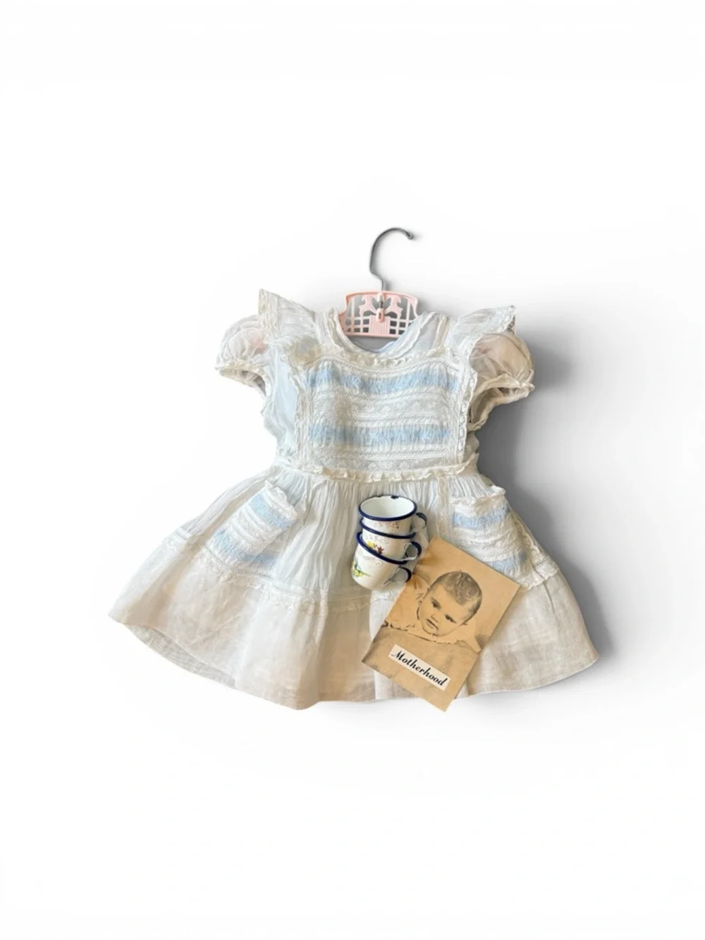 Vintage Bonnie Maid Dallas TX Baby Dress Set – White & Pale Blue 3‑Piece Outfit